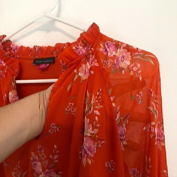 VINCE CAMUTO Floral Print Long Sleeve Split V-Neck Tiered Shift Dress Orange XS - Picture 5 of 12